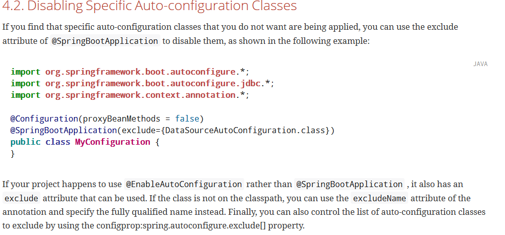 springboot Update documentation on excluding an auto-configuration to recommend exclude on SpringBootApplication